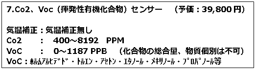 テキスト ボックス: 7.Co2、Voc（揮発性有機化合物）センサー　（予価：39,800円） 気温補正：気温補正無し Co2　　：　400～8192　PPM VoC　　：　0～1187 PPB　（化合物の総合量、物質個別は不可） VoC：ﾎﾙﾑｱﾙﾋﾃﾞﾄﾞ・ﾄﾙｴﾝ・ｱｾﾄﾝ・ｴﾀﾉｰﾙ・ﾒｷｻﾉｰﾙ・ﾌﾟﾛﾊﾟﾉｰﾙ等 