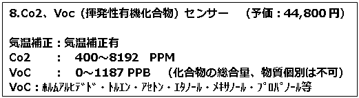 テキスト ボックス: 8.Co2、Voc（揮発性有機化合物）センサー　（予価：44,800円） 気温補正：気温補正有 Co2　　：　400～8192　PPM VoC　　：　0～1187 PPB　（化合物の総合量、物質個別は不可） VoC：ﾎﾙﾑｱﾙﾋﾃﾞﾄﾞ・ﾄﾙｴﾝ・ｱｾﾄﾝ・ｴﾀﾉｰﾙ・ﾒｷｻﾉｰﾙ・ﾌﾟﾛﾊﾟﾉｰﾙ等 