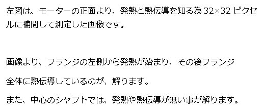 テキスト ボックス: 左図は、モーターの正面より、発熱と熱伝導を知る為32×32ピクセルに補間して測定した画像です。 画像より、フランジの左側から発熱が始まり、その後フランジ 全体に熱伝導しているのが、解ります。 また、中心のシャフトでは、発熱や熱伝導が無い事が解ります。 